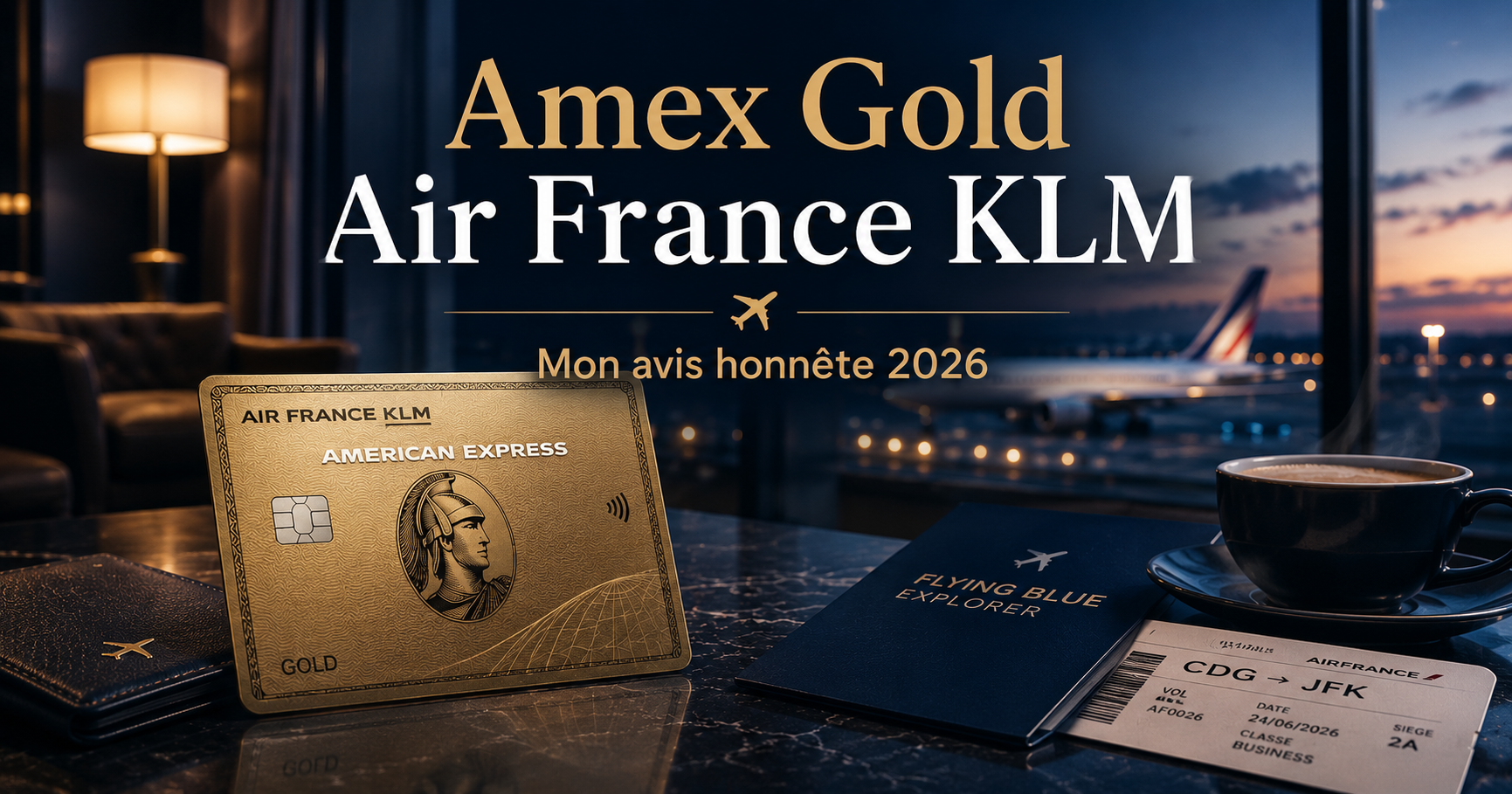 Carte bancaire premium posée avec un passeport dans une ambiance de voyage au coucher du soleil